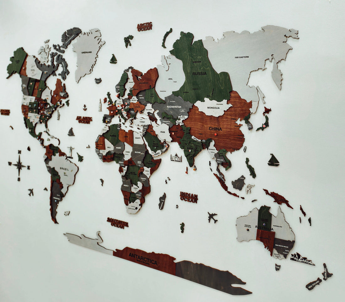 3D Wooden World Map-Green and Brown
