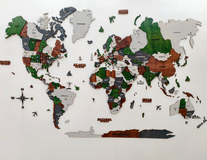 3D Wooden World Map-Green and Brown