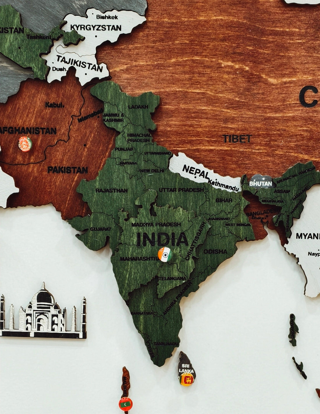 3D Wooden World Map-Green and Brown