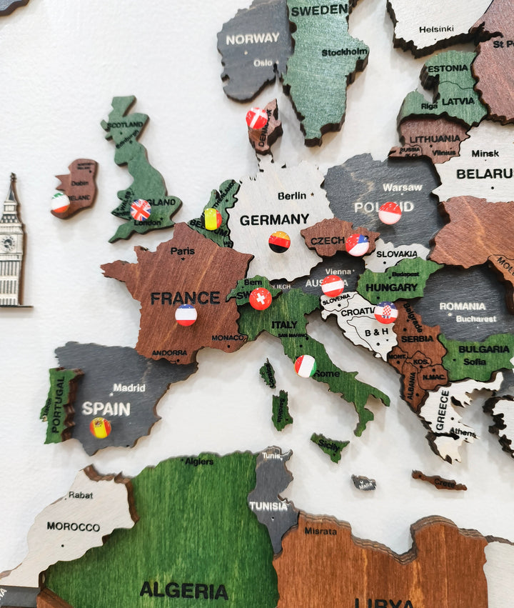 3D Wooden World Map-Green and Brown