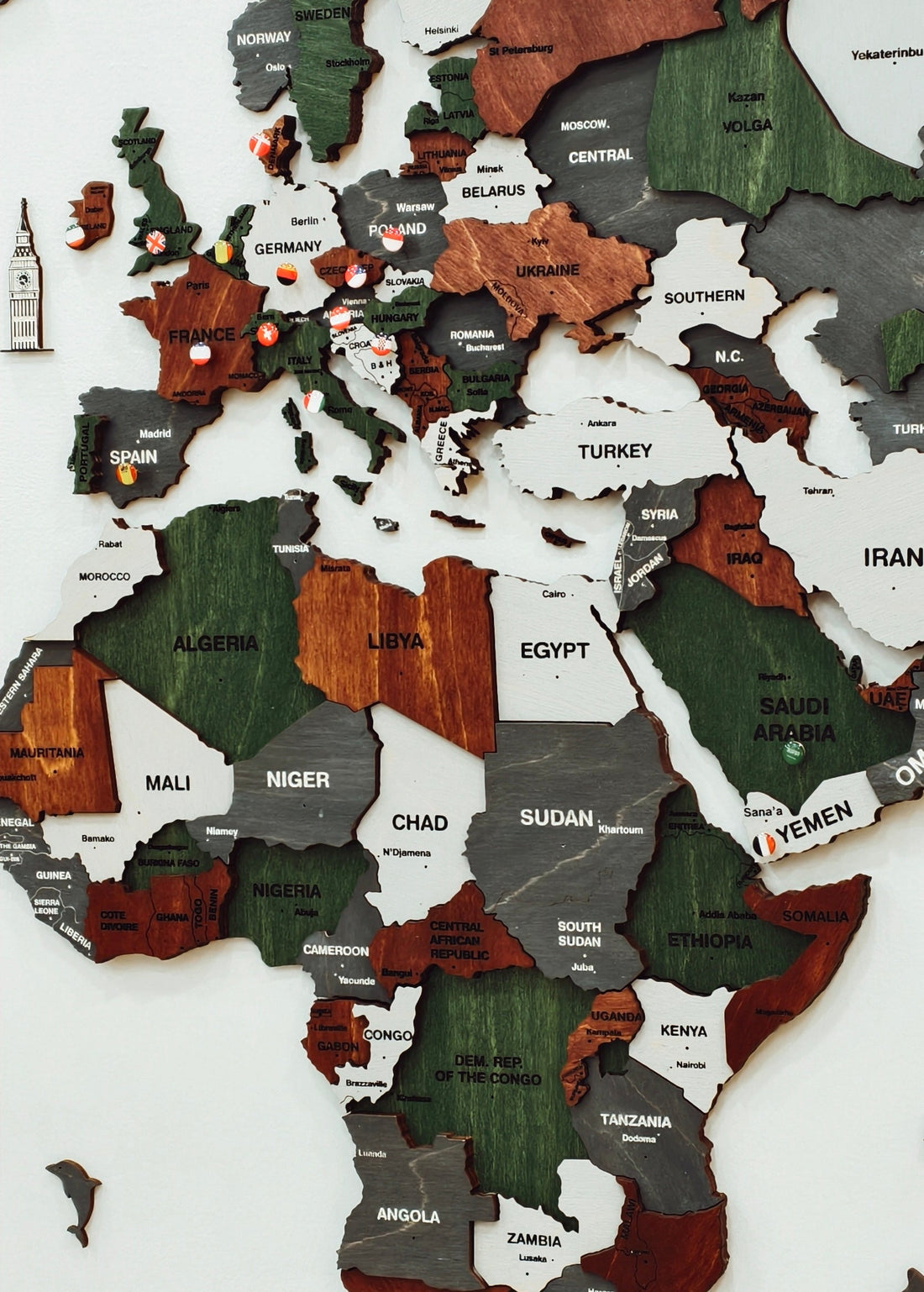 3D Wooden World Map-Green and Brown