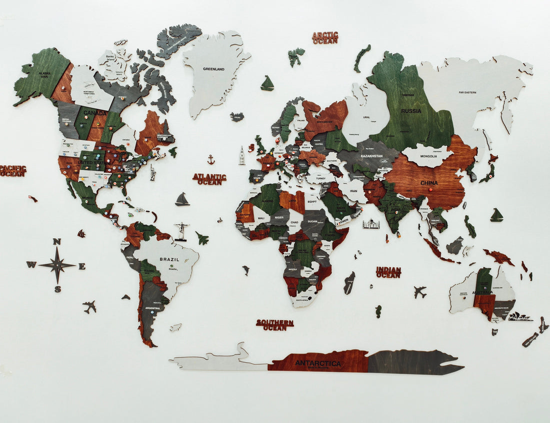 3D Wooden World Map-Green and Brown