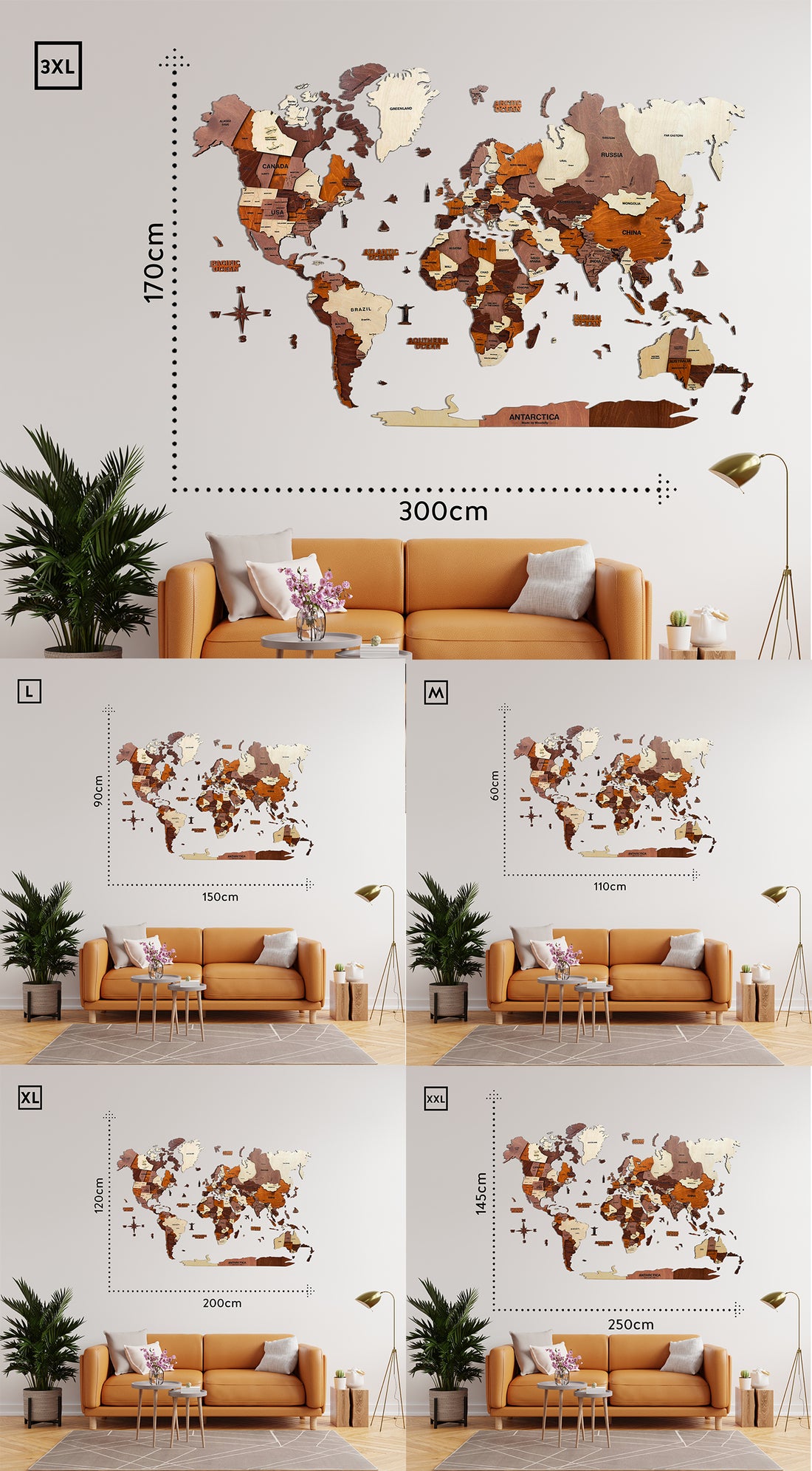 3D Wooden World Map Multicolor