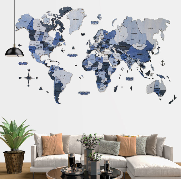 3D Wooden World Map- Blue