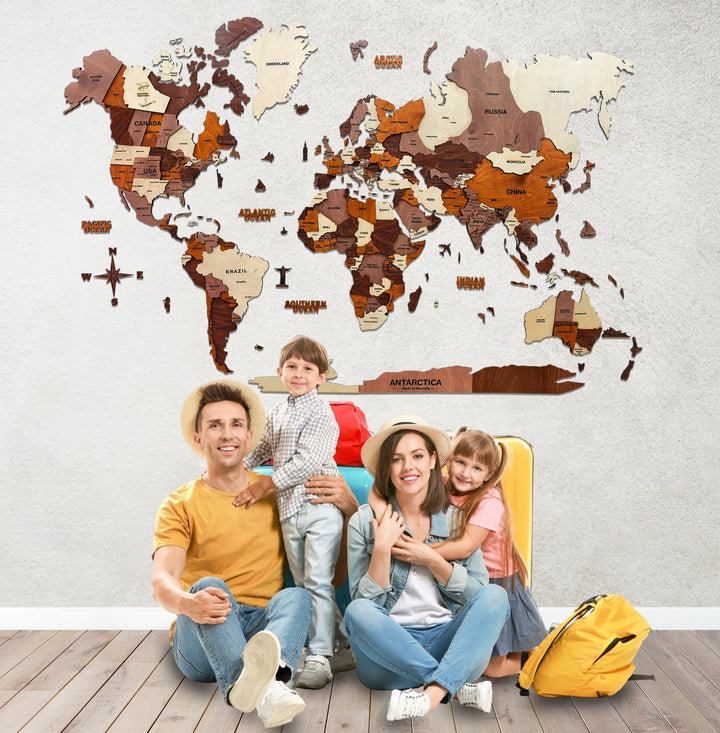 3D Wooden World Map Multicolor