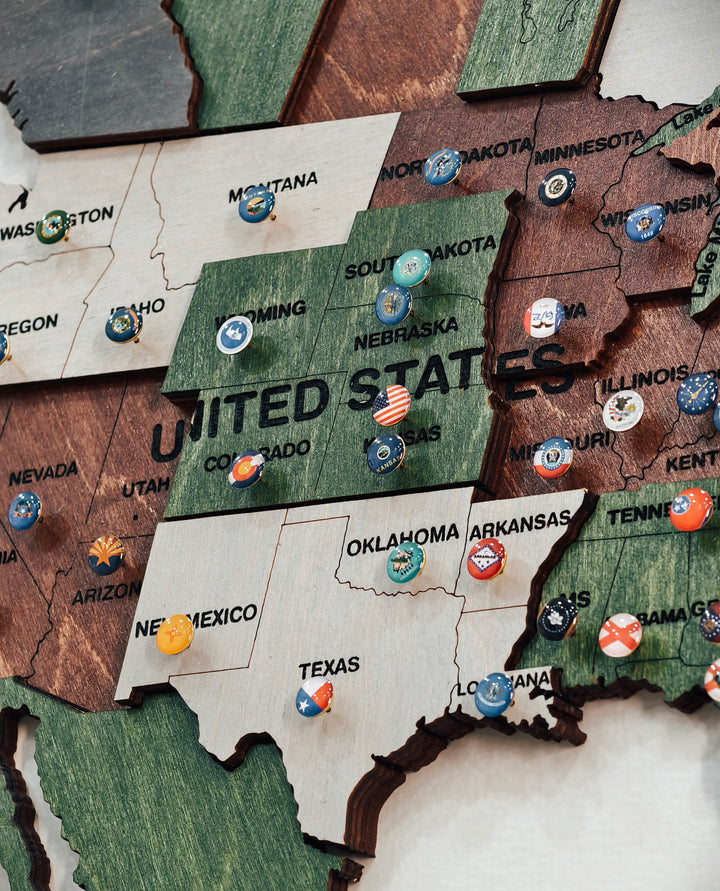 3D Wooden Set of Flags Push Pins for Wall Map