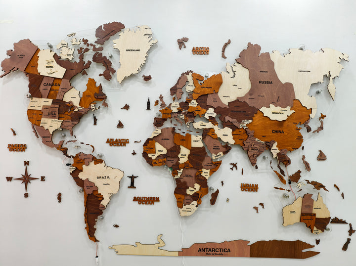 3D LED Wooden World Map -Multicolour