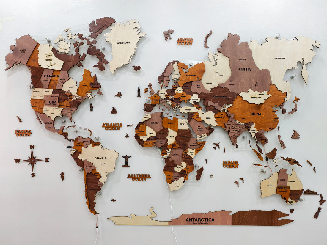 3D Wooden World Map Multicolor