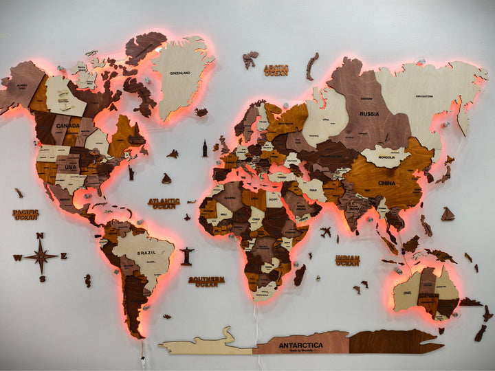 3D LED Wooden World Map -Multicolour
