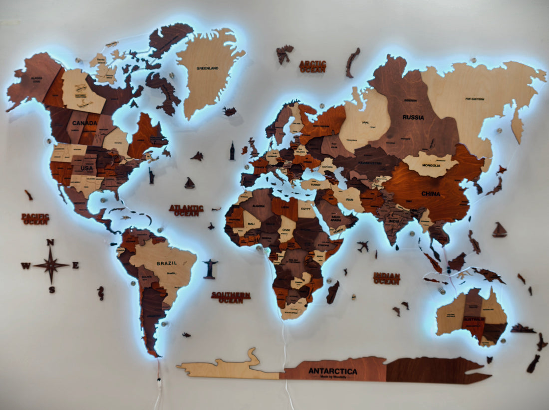 3D LED Wooden World Map -Multicolour