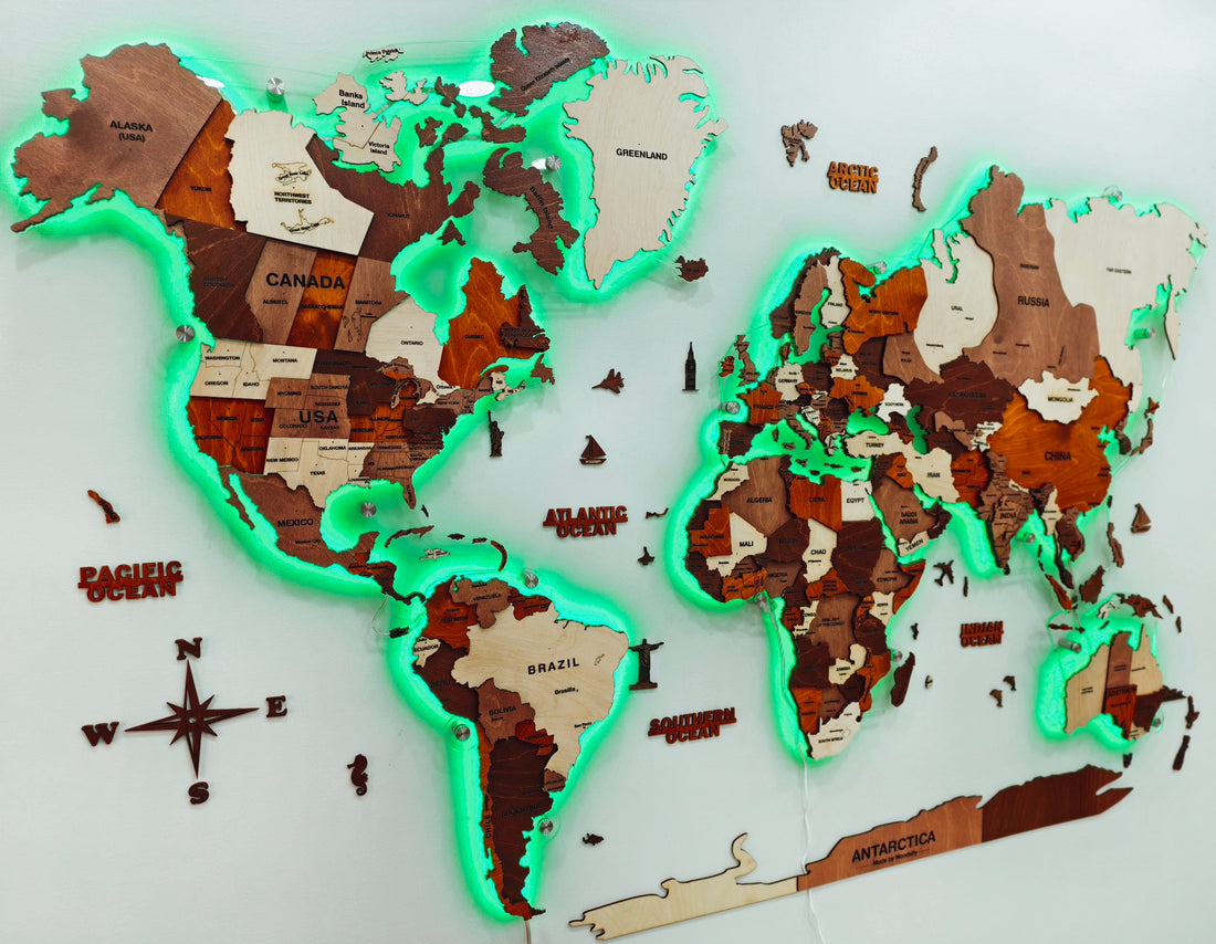 3D LED Wooden World Map -Multicolour