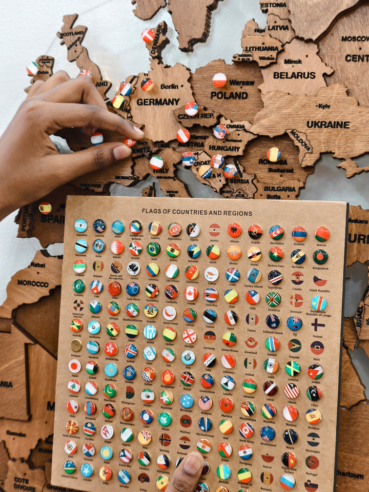 3D Wooden Set of Flags Push Pins for Wall Map