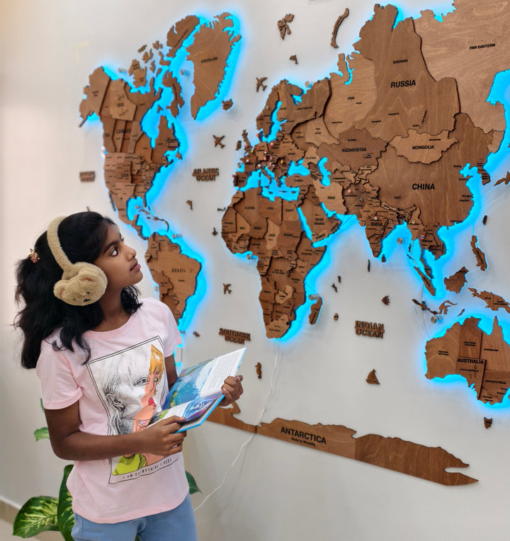 3D LED Wooden World Map -Teak