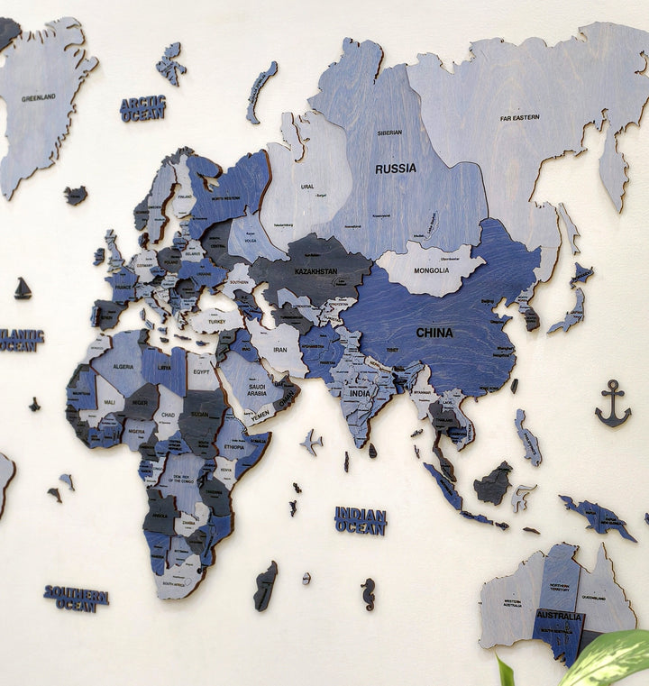 3D Wooden World Map- Blue
