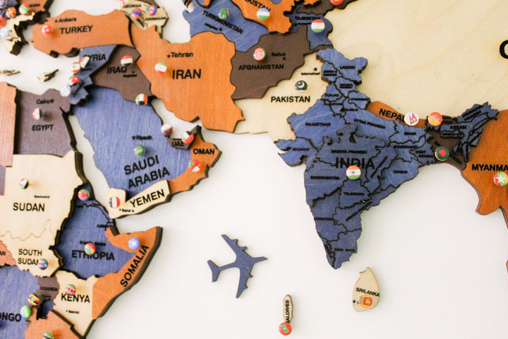 3D Wooden World Map brown & Blue
