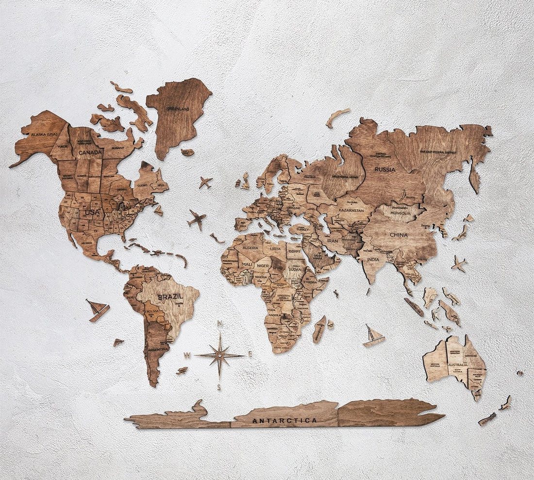 3D Wooden World Map Pine