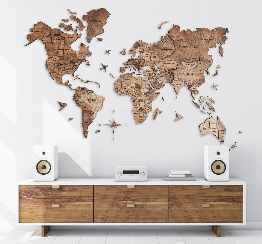 3D Wooden World Map Pine