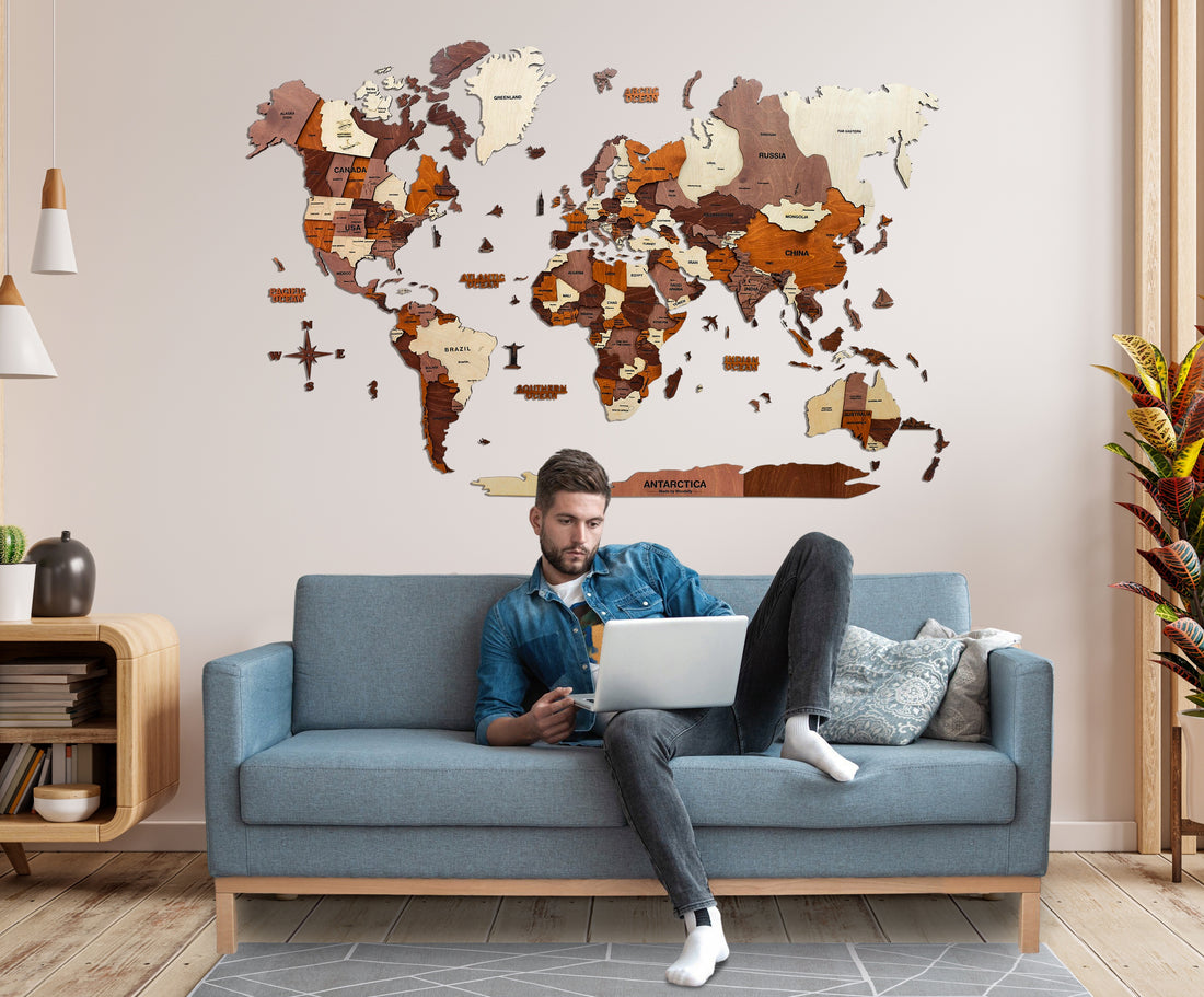 3D Wooden World Map Multicolor