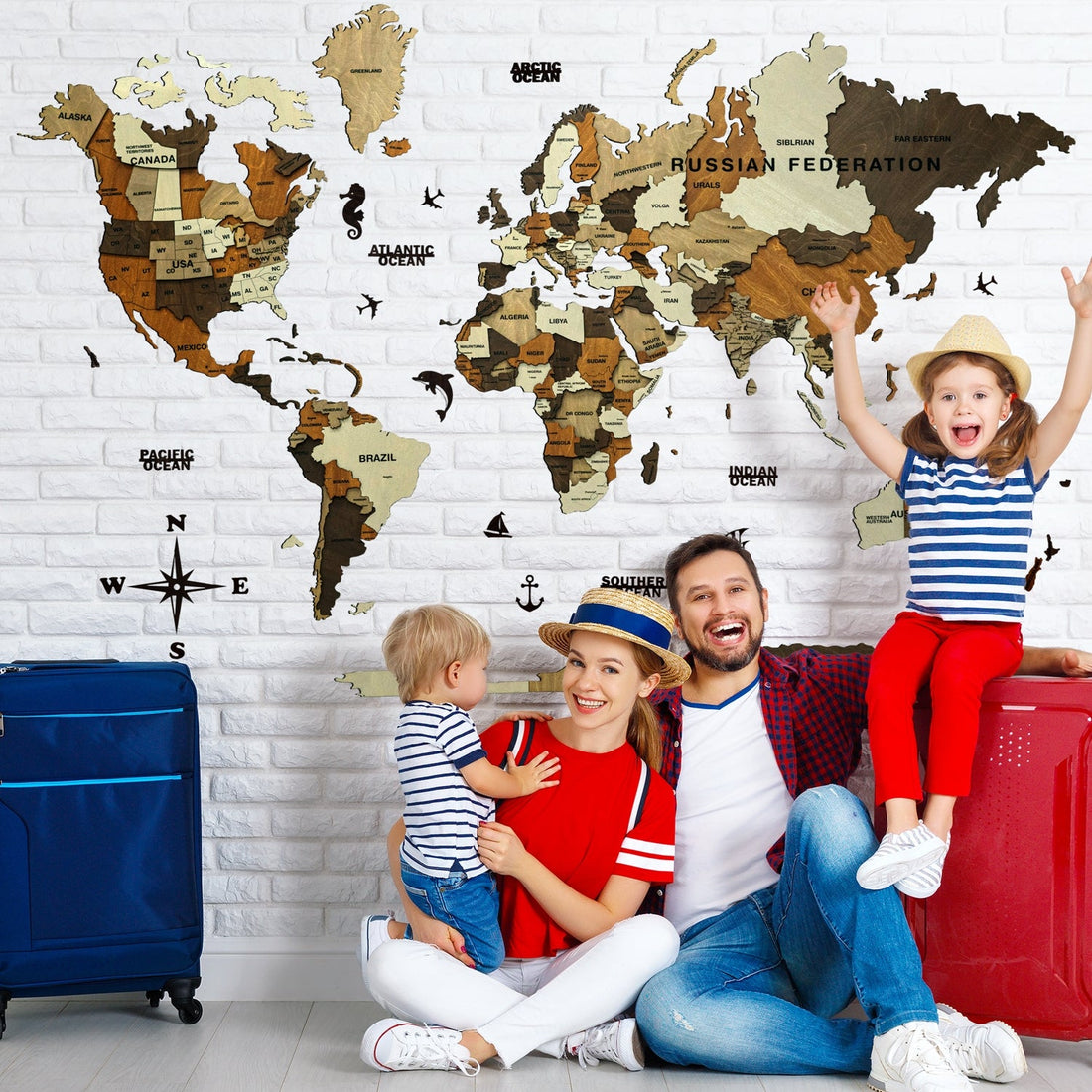 3D Wooden World Map Multicolor