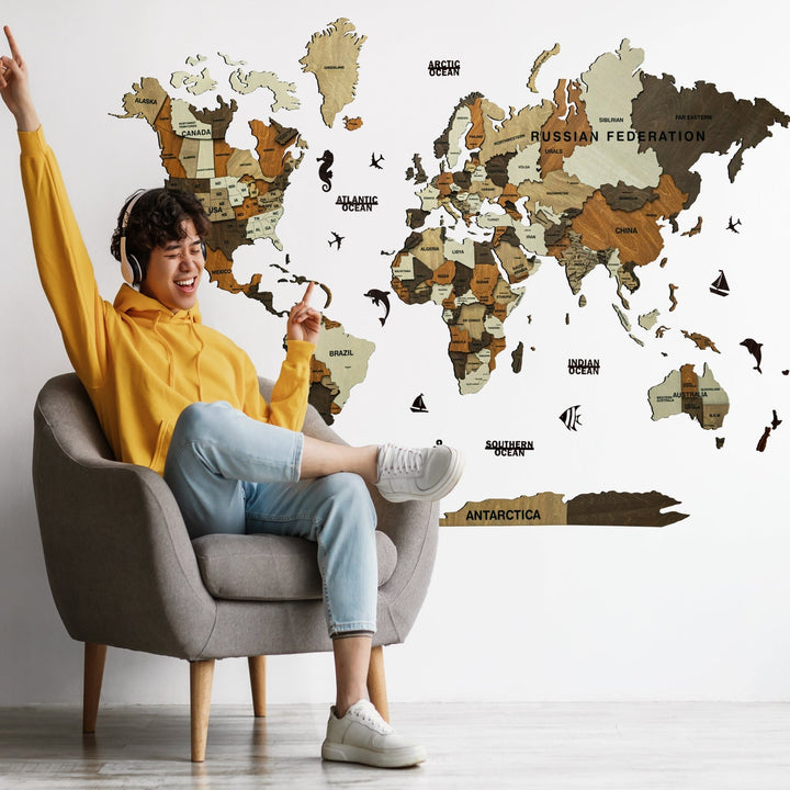 3D Wooden World Map Multicolor