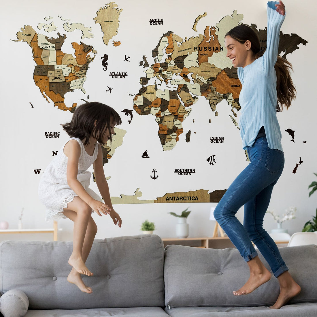 3D Wooden World Map Multicolor
