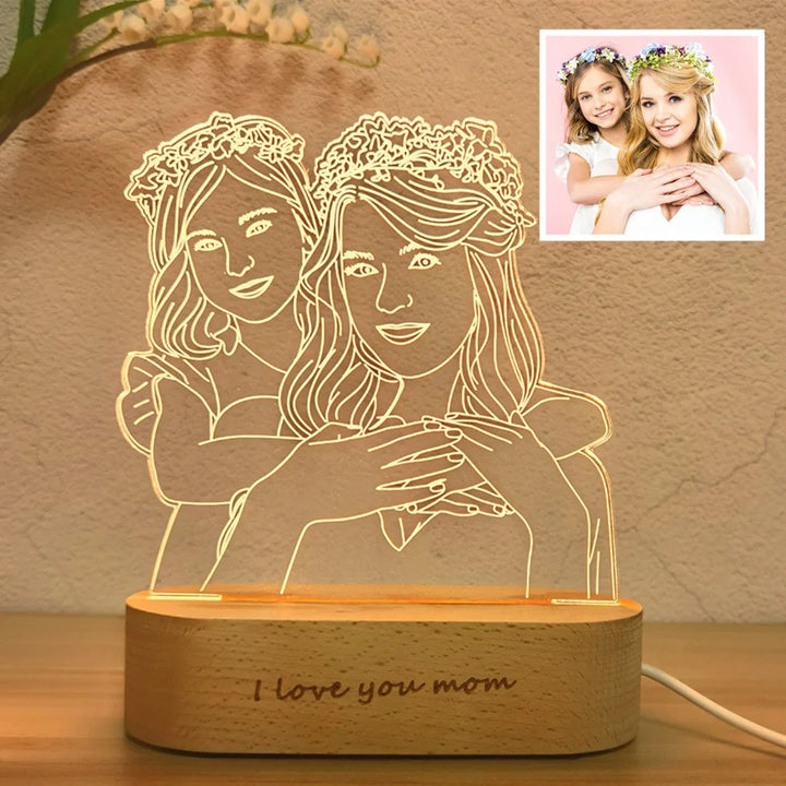 Personalized Line Art Photo Lamp, 3D Photo Light Nightlight, Engraved Name Light, Wedding Decor Picture, Gift for Her