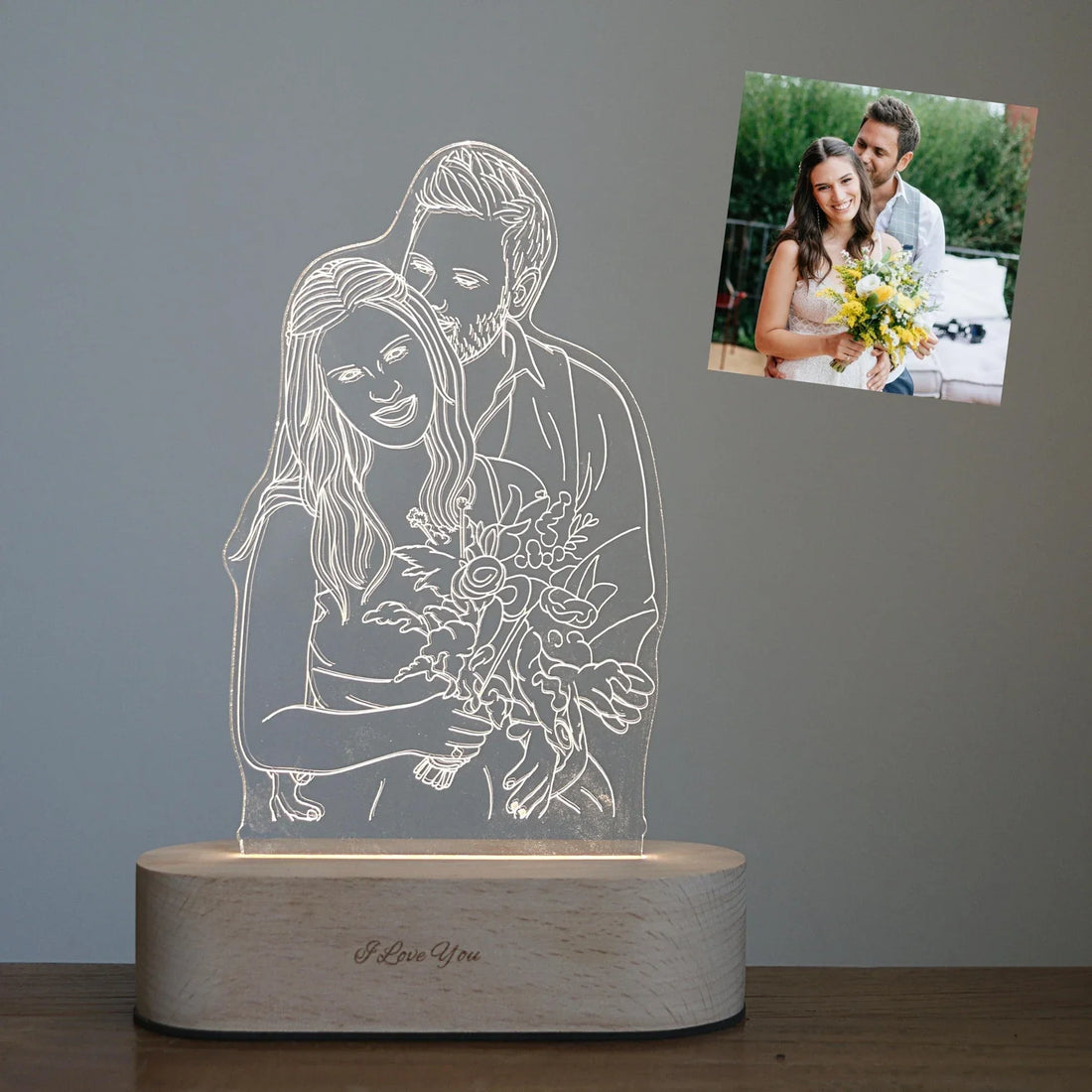 Personalized Line Art Photo Lamp, 3D Photo Light Nightlight, Engraved Name Light, Wedding Decor Picture, Gift for Her
