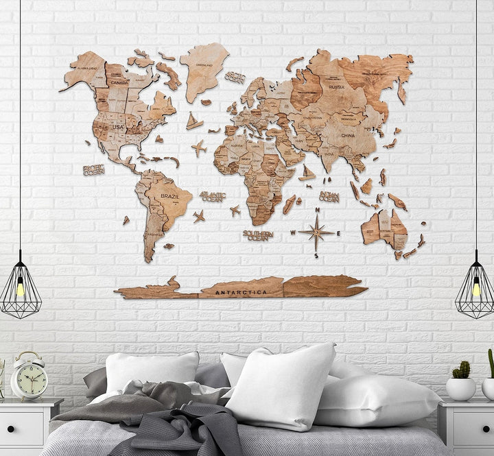 3D Wooden World Map Pine