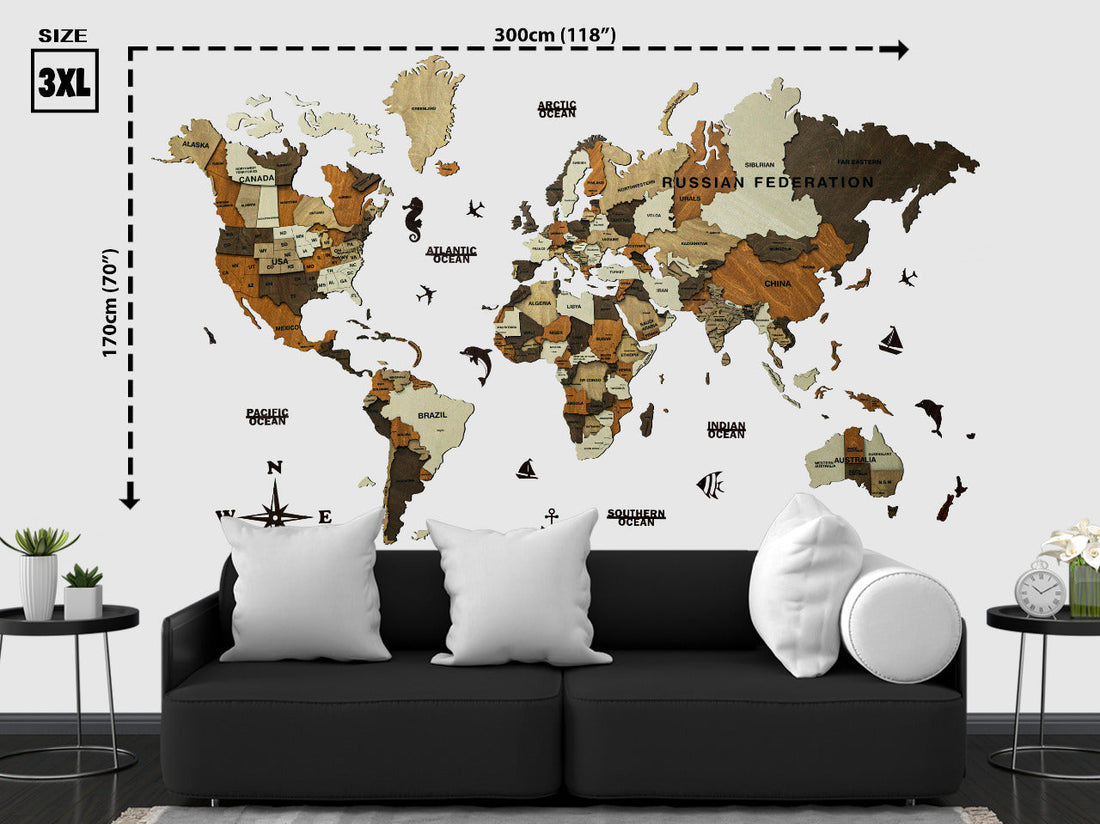 3D Wooden World Map Multicolor
