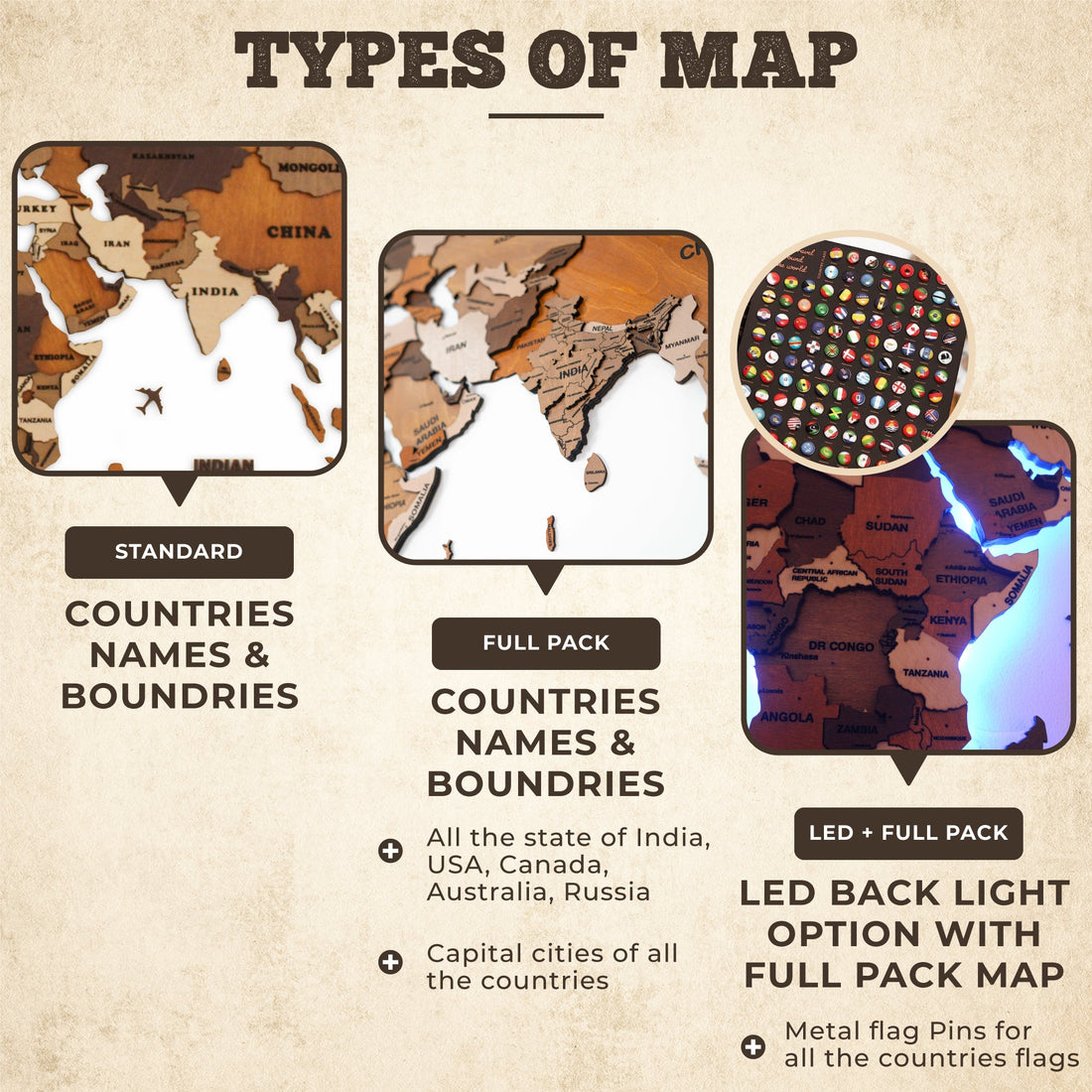 3D Wooden World Map Multicolor