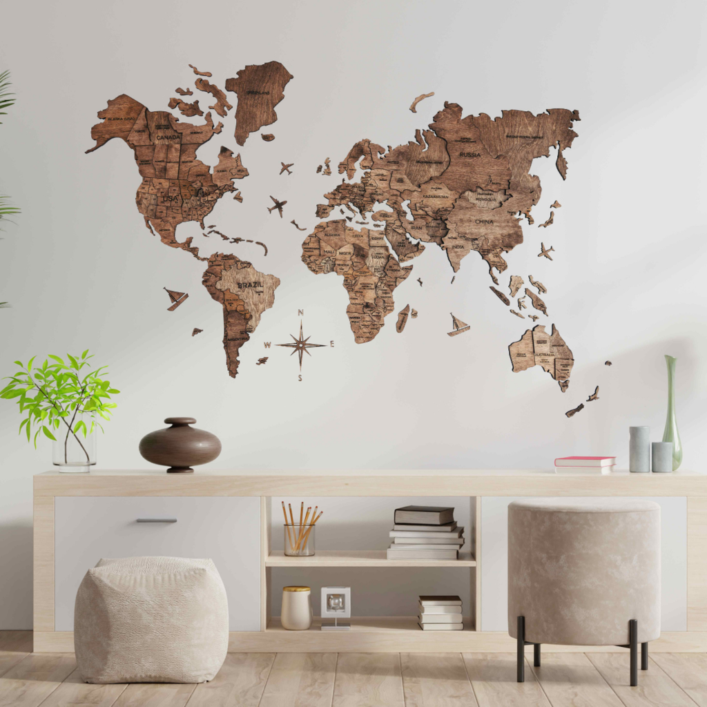 3D Wooden World Map Pine